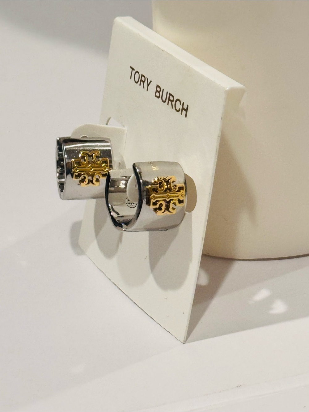 NWT Tory Burch Two Tone Gold Silver Double T Logo Wide Huggie Hoop Earrings